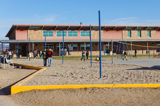 Students walk through the elementary school campus at the San Pasqual Valley Unified School District at Winterhaven in Imperial County on Dec. 12.