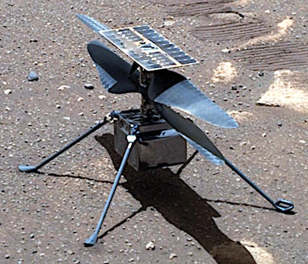 Ingenuity, photographed by Perseverance's Mastcam-Z camera two years into the mission. Note solar panel on top.