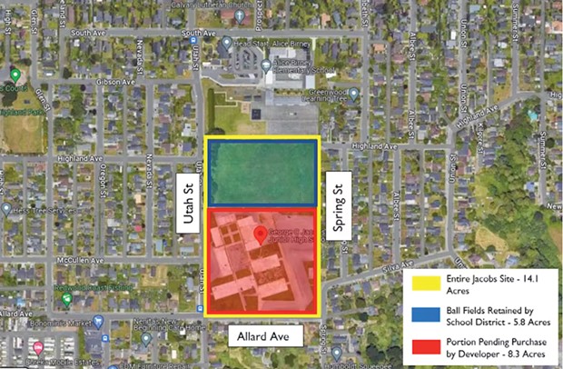 An overlay of an aerial image shows the former Jacobs school site, differentiating the portion slated to be purchased by a developer from the ball fields, which will be retained by Eureka City Schools.