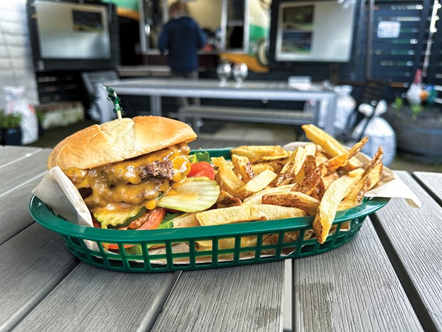 The Myrtle Burger with cheddar and a side of fries.