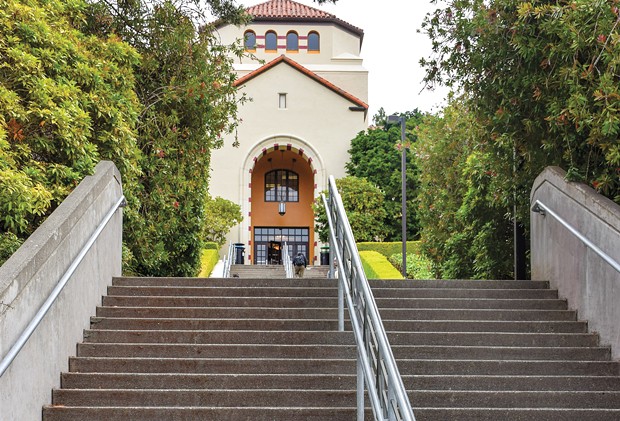 The steps up to Founders Hall, which is also accessible via a wheelchair ramp.