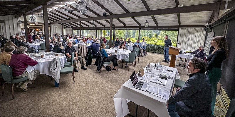 About 75 people attended a Humboldt Emeritus and Retired Faculty and Staff Association lunch meeting to hear opponents and proponents discuss the Humboldt Cannabis Reform Initiative.