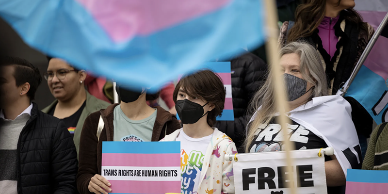 Supporters of transgender rights gathered at the Capitol during a March 17, 2022, press conference.