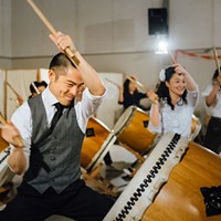 San Jose Taiko performing with Wesley Jazz Ensemble and Epic Immersive at a Swingposium event.