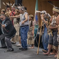 Wiyot Tribal Chair Ted Hernandez joins the ceremonial Brush Dance.