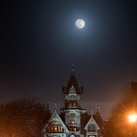 North Coast Night Lights: Snow Moon over Carson Mansion