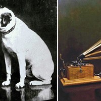 Francis Barraud’s original painting with an Edison phonograph and the later one in which Nipper is listening to his master’s voice coming from a Berliner gramophone.