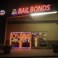 The Bail Boys bail bonds displays a "No on Prop 25" poster in downtown Los Angeles on Oct. 21, 2020. Prop. 25 would end California's current cash bail system and replace it with a three tier risk assessment system.