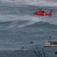 A U.S. Coast Guard helicopter near what appears to be a crab boat off Patricks Point this afternoon.