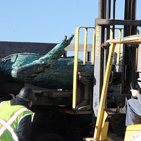 The statue of President McKinley being readied for transport in March of 2019.