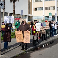 About 50 demonstrators gather at the Humboldt County Courthouse in March to demand the Eureka Police Department fire officers involved in offensive group text messages exposed in a Sacramento Bee article.