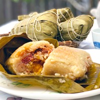 A piping hot sticky rice dumpling packed with treasures.