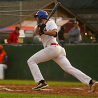 Crabs designated hitter Jordan Petrushka takes a swing at a pitch while facing TKB Baseball on July 26.