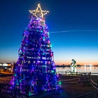 For the past few years, before the start of every commercial crab season, the Commercial Fishermen's Wives of Humboldt have erected a lighted "tree" of dozens of crab pots. Its star faces the bay to welcome the fishing boats and crews home.