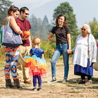 Three of four generations gathered to harvest pumpkins at Tishannik Garden. From left: Adia Supahan, her husband, Luke Supahan, and their daughter, Shasti Supahan, met up with Elly O'Rourke and her Atish (or grandmother), Jeanerette Jacups-Johnny.
