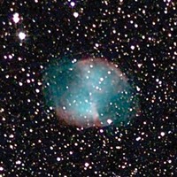 M27, the Dumbbell Nebula, is perhaps the loveliest "deep sky object." Ionized oxygen glows blue, hydrogen green, and sulfur and nitrogen red. This image is a five-minute exposure with 4-inch reflector.