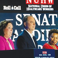 Reps. Katie Porter, Adam Schiff and Barbara Lee (from left) during a U.S. Senate candidate forum hosted by the National Union of Health Care Workers in Los Angeles on Oct. 8, 2023.