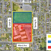 An overlay of an aerial image shows the former Jacobs school site, differentiating the portion slated to be purchased by a developer from the ball fields, which will be retained by Eureka City Schools.