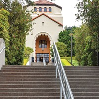 The steps up to Founders Hall, which is also accessible via a wheelchair ramp.