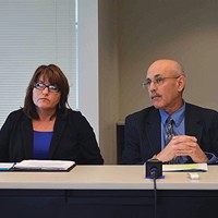 Current Humboldt County Department of Health and Human Services Director Connie Beck with her predecessor, Phil Crandall, at a press conference last year.