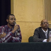HSU student Cameron Rodriguez and Humboldt County Sheriff's Sgt. Greg Allen sit next to each other taking questions about police brutality and race relations at Humboldt State.