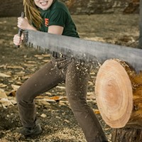 HSU Soils and Range Management major Sierra Berry, of Sacramento, handled her end of a two-person crosscut saw in the Lumberjack & Jill Show on Friday.