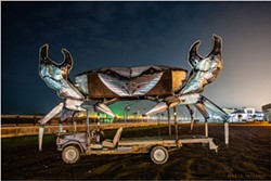 PHOTO BY DAVID WILSON - No, you won't see this beast in the Kinetic Sculpture Race, for the crab, while kinetic in its many movements, depends on the old Ford for locomotion. And it would sink. Dec. 2, 2020, Humboldt County, California.