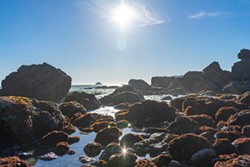 PHOTO BY MEGAN BENDER - The sun sets and glistens off tide pools at Luffenholtz Beach.