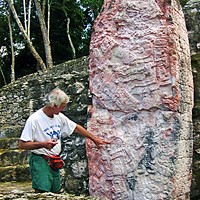 Was that Dec. 21 or 22? Author checking 1,200 year-old Mayan stela at Calakmul, southern Mexico, for exactly when the world will end.