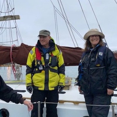 Dock hand and Golden Rule Committee President Gerry Condon, Skipper Steve Buck, Project Manager Helen Jaccard and First Mate Tim Dellas as they arrived to Eureka Public Marina
