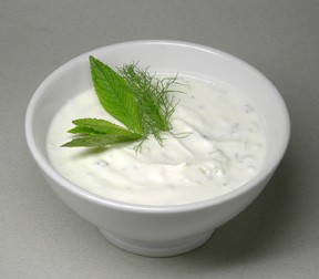 Yoghurt sauce with cucumbers, mint, and spices. Photo from Wikipedia Commons.